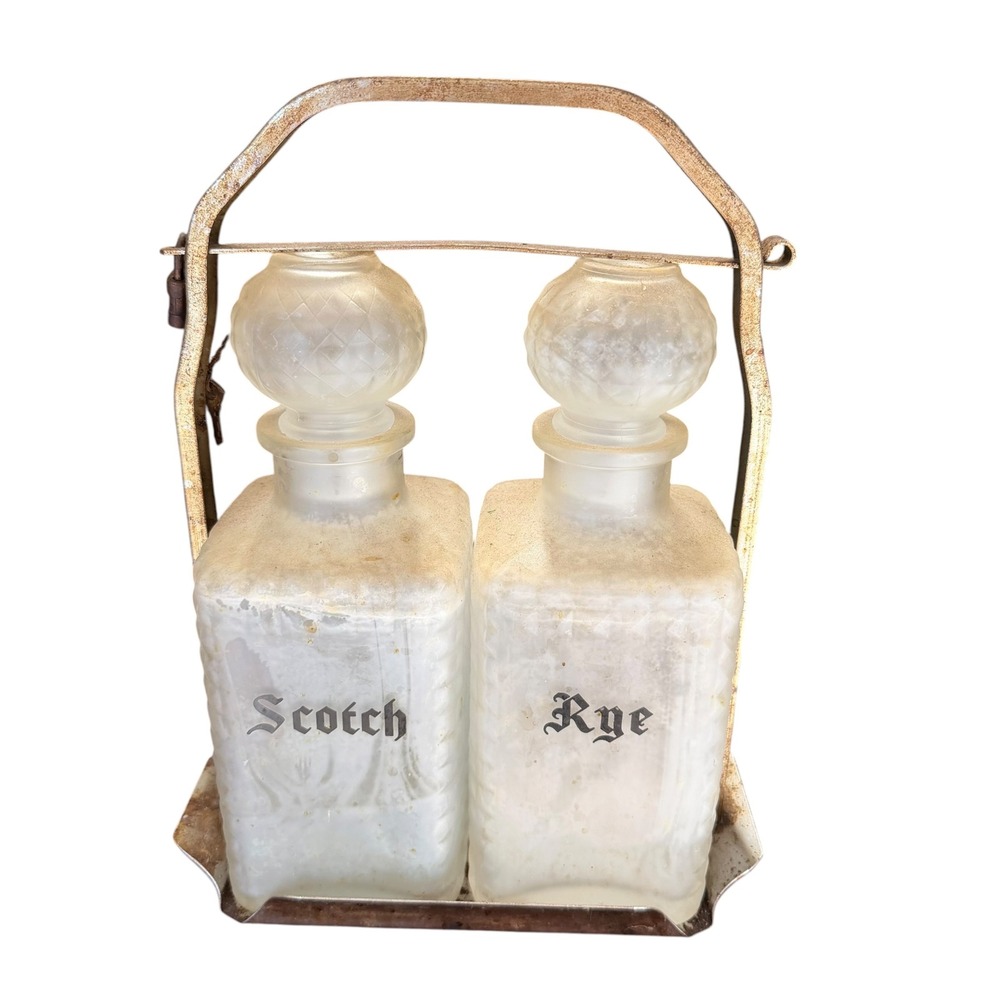 Vintage Frosted Glass Scotch Rye Decanter Set Metal Tantalus Caddy Lock Key